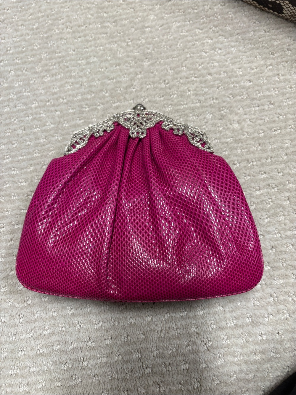 Vintage Judith Leiber Elegant Fuchsia Snakeskin Clutch with Silver Accents